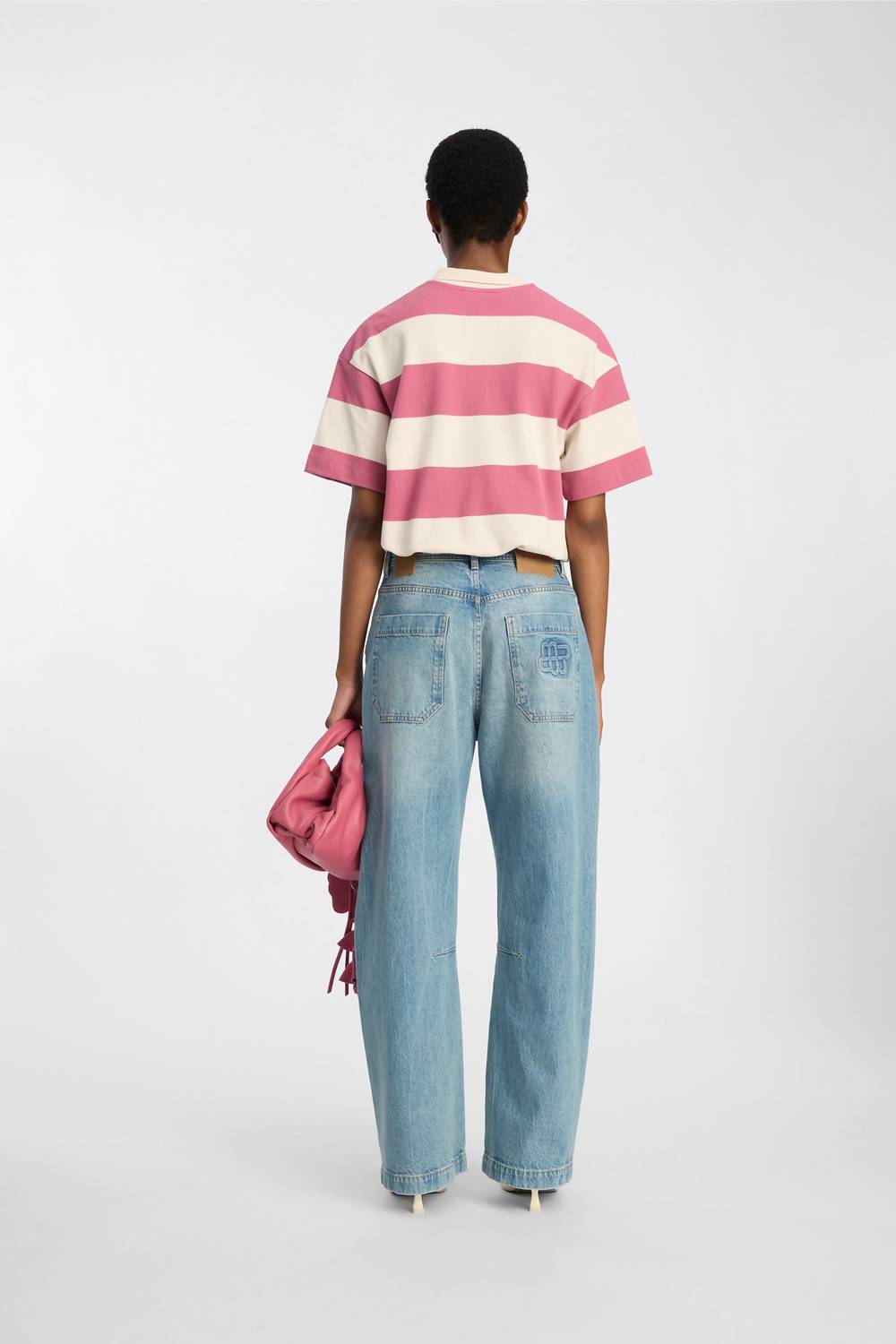 MUNTHE Organic Cotton Stripe Polo Shirt in berry multi - women's blouse - detail view