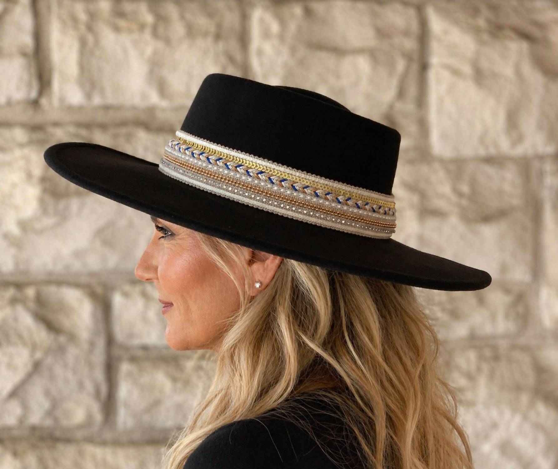 Jen & Co. Women's Blaze Multi Trim Fedora Hat in black - women's hat - alternate view