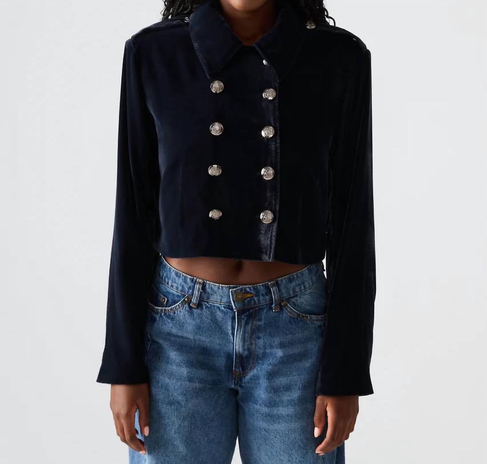 STEVE MADDEN Tonia Velvet Button Blazer in indigo haze - women's jacket