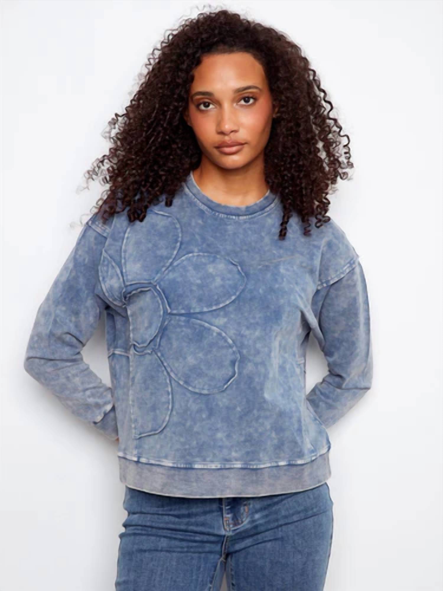 Charlie B - Flower Appliqué Long Sleeve Top