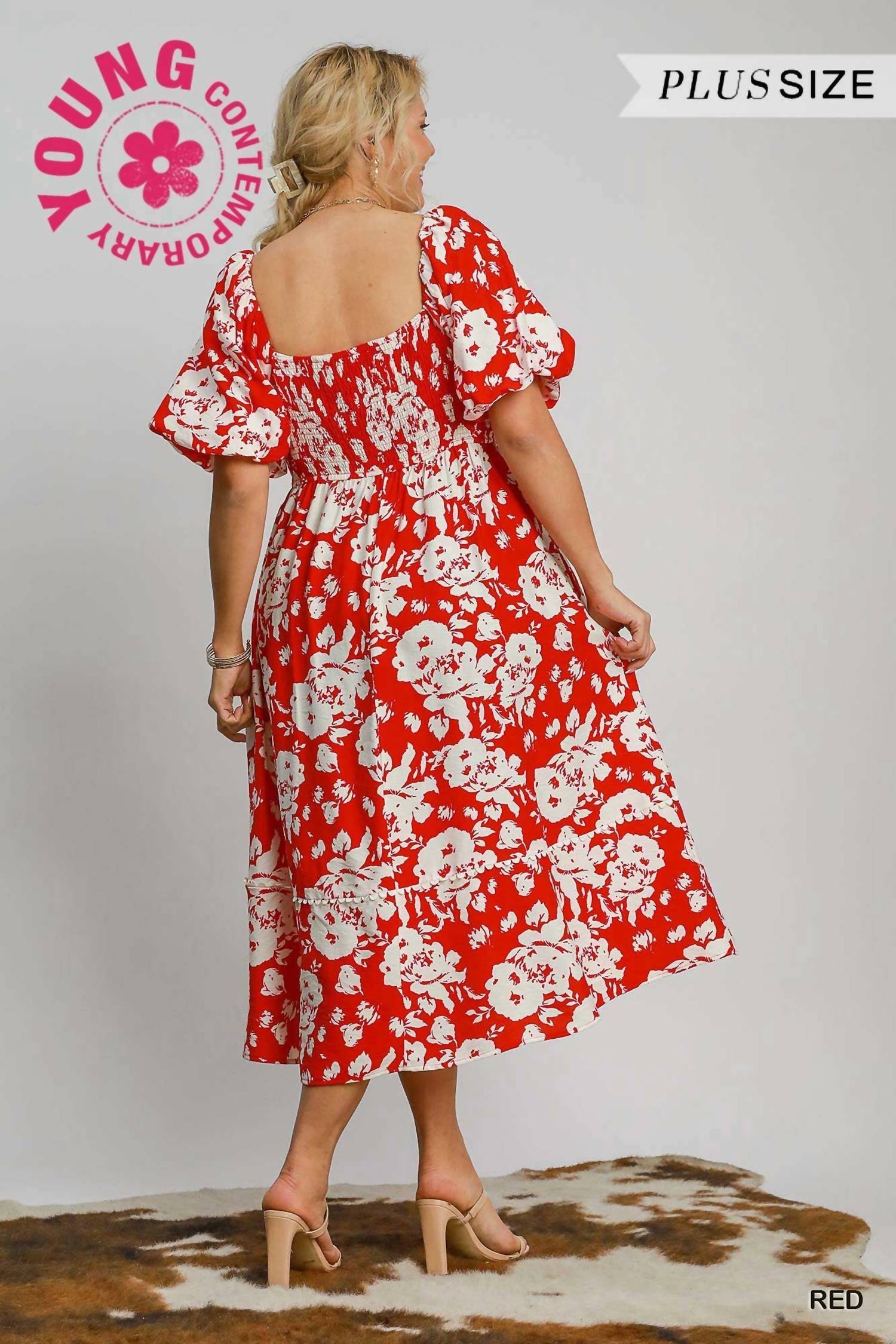 Umgee - Floral Midi Dress With Trim Details - Plus