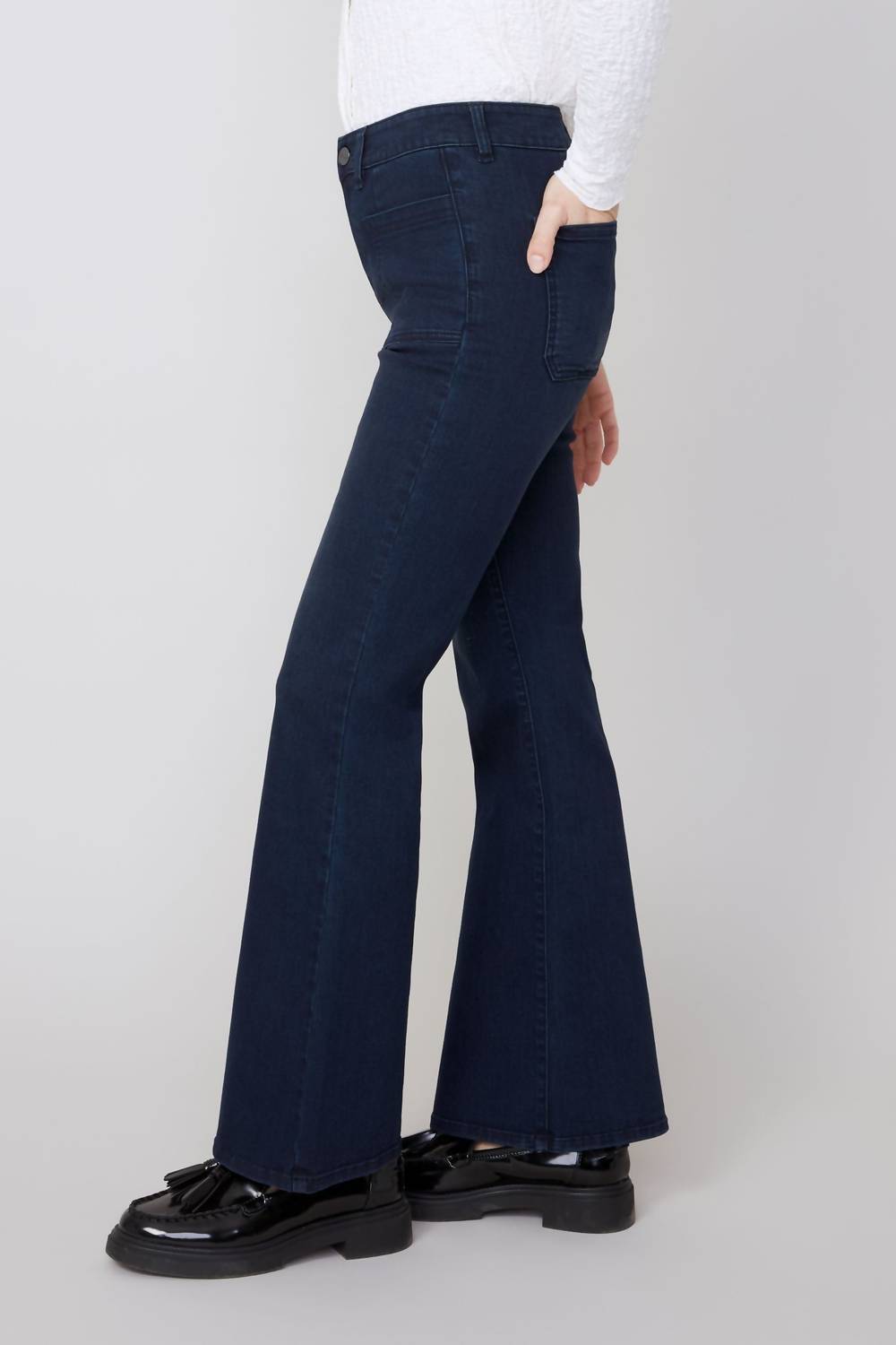 Renuar Lux Denim Flare Jeans in dark indigo - women's jeans - detail view