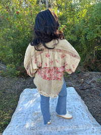 Young Threads Floral Embroidered Patchwork Top in khaki pink - women's blouse - detail view