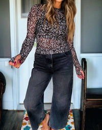 dear lover Ditsy Floral Mesh Top in multi - women's long sleeve top