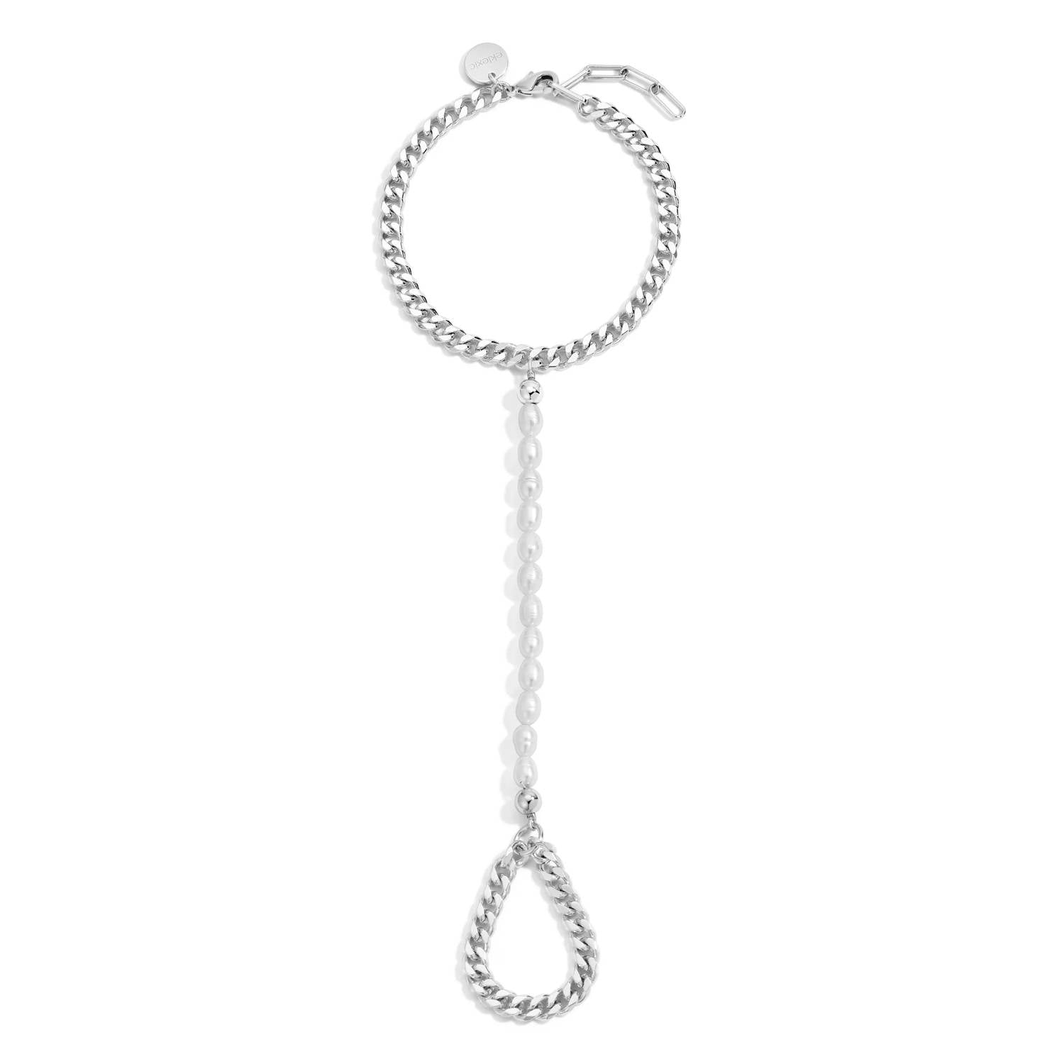 Eklexic - Women's Pearl & Curb Chain Hand Chain Bracelet