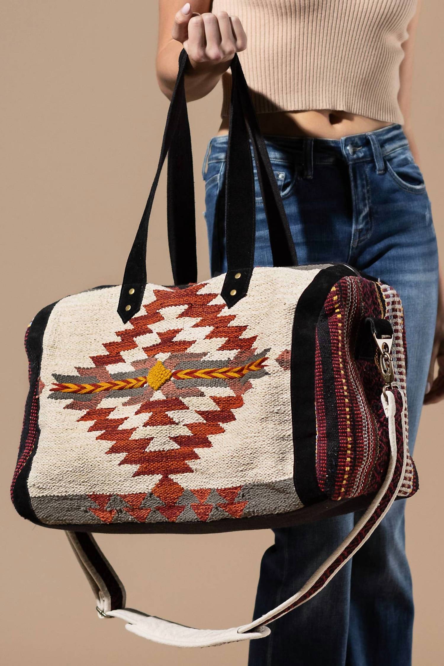 Urbanista - Women's Handwoven Navajo Pattern Duffel Bag With Suede Straps