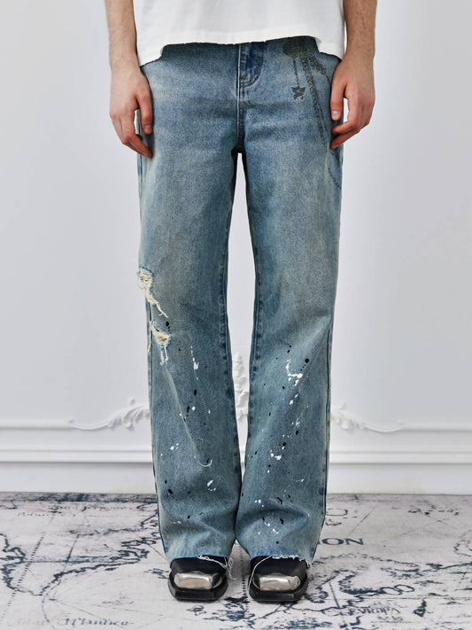 Birth Of Royal Child - Chain Ink Print & Fray Distressed Jeans
