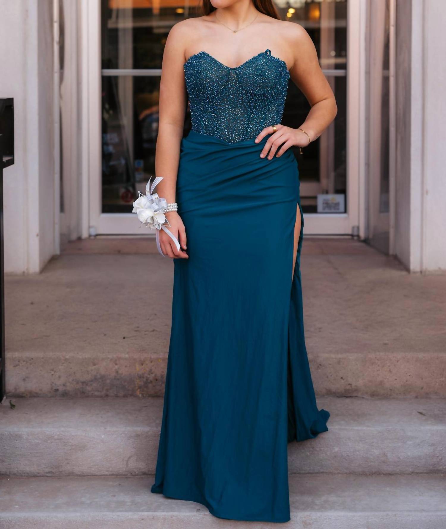 La Femme Women's Prom Dress in dark teal - women's dress - detail view