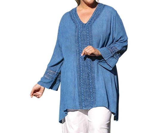 On The Plus Side - Tatum Crochet Cotton Wide Sleeve V-Neck Tunic - Plus