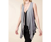 Vocal Apparel - Open Front Draped Vest With Fringe Hem And Bullhead Print
