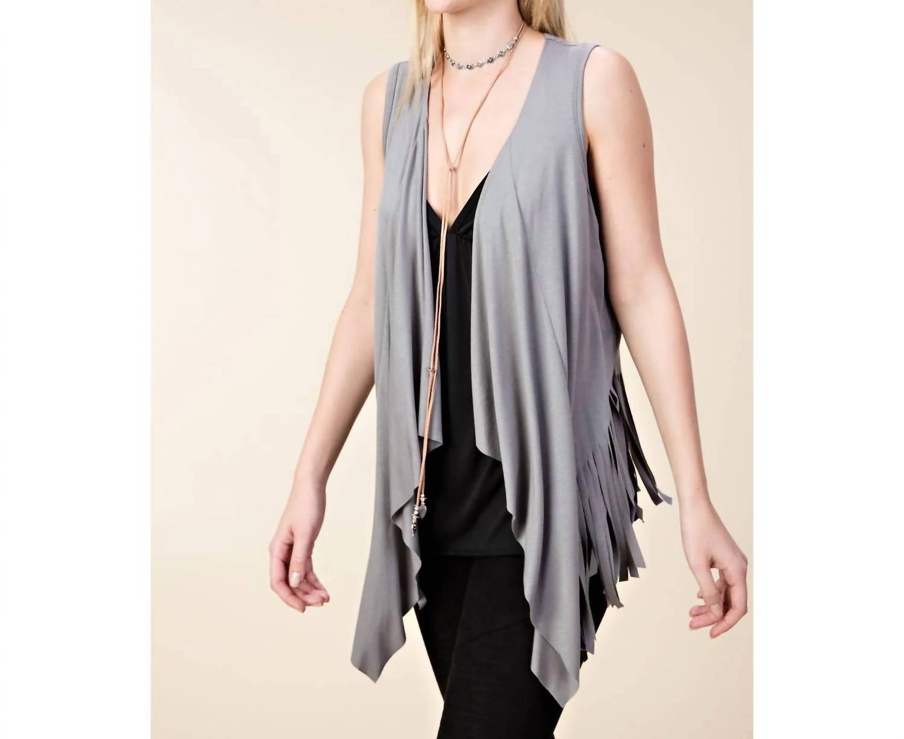 Vocal Apparel - Open Front Draped Vest With Fringe Hem And Bullhead Print