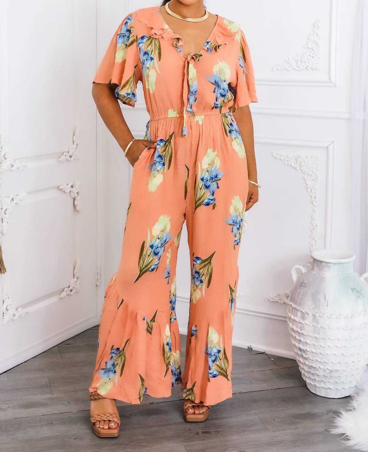 Surelymine - Peach Floral Ruffle Jumpsuit Wide-leg Summer One-piece