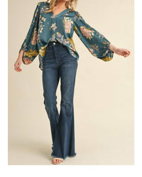 Jodifl Satin Floral Print Blouse With Bubble Sleeves in teal - women's blouse