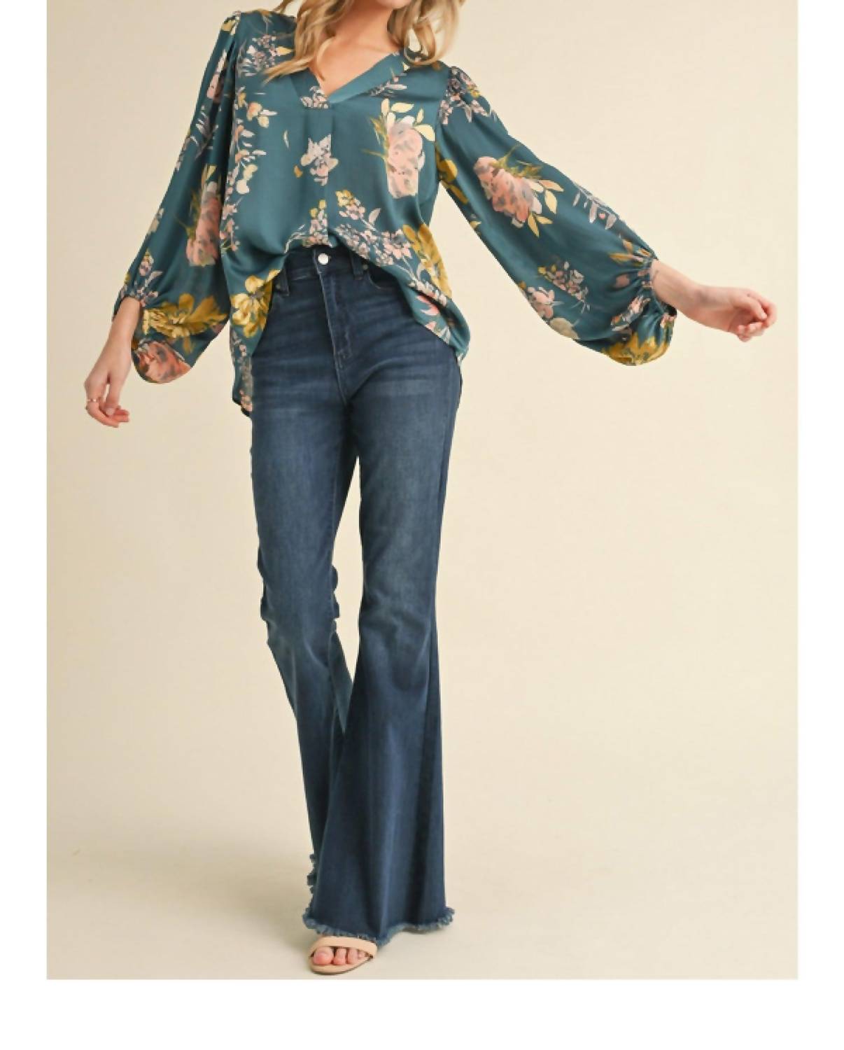 Jodifl Satin Floral Print Blouse With Bubble Sleeves in teal - women's blouse