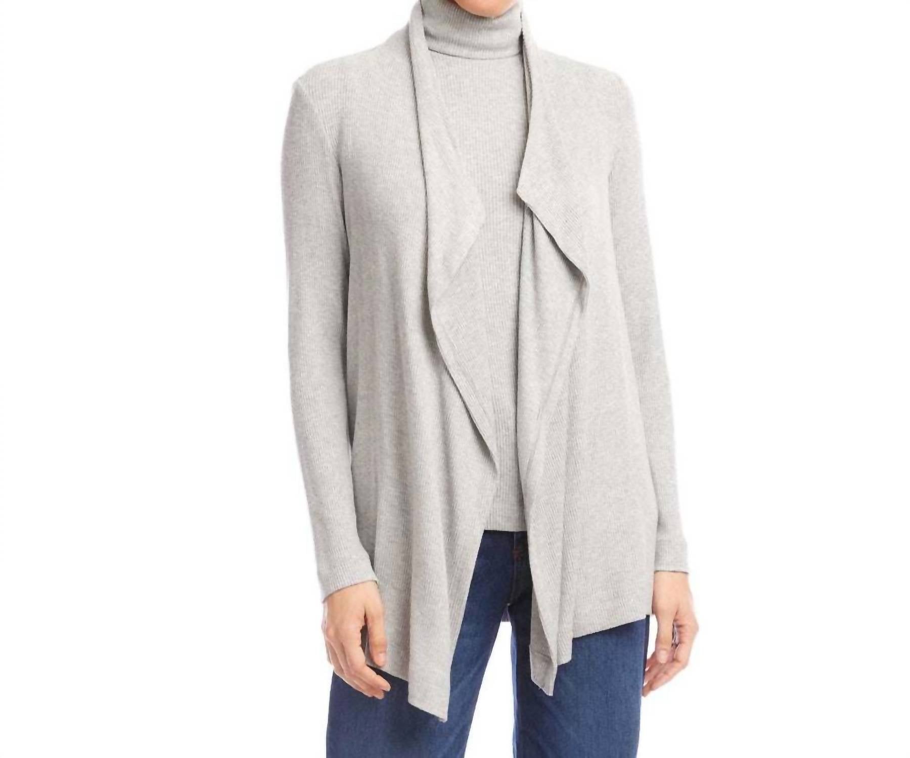 Karen Kane Long Sleeve Ribbed Drape Front Cardigan in heather gray - women's cardigan
