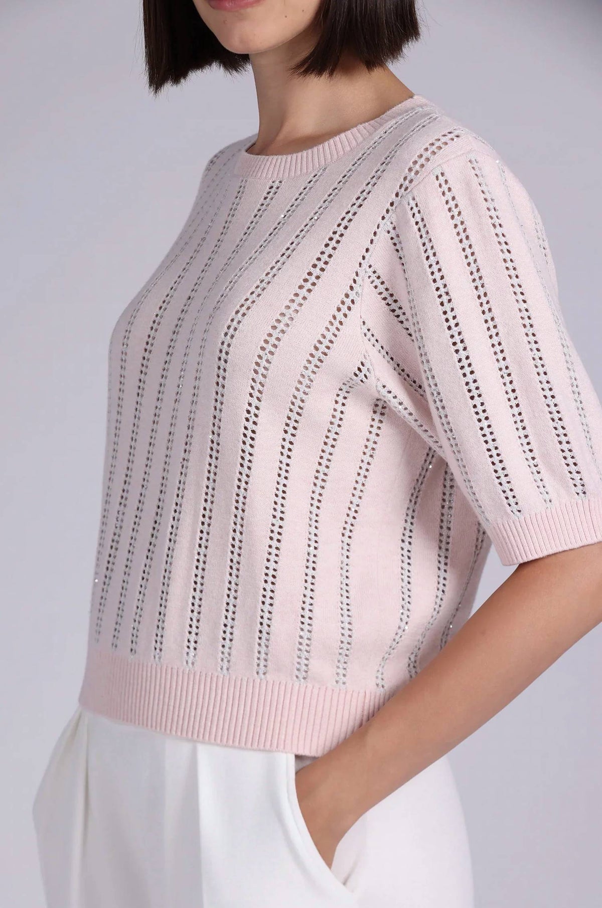Minnie Rose - Sparkle Cotton Cashmere Short Sleeve Crew Top With Pointelle