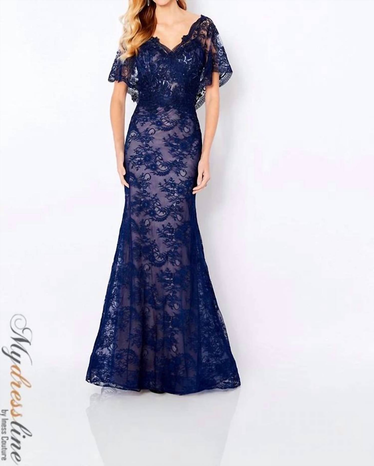 Cameron Blake Cape Sleeve Formal Dresses in navy blue nude - women's dress