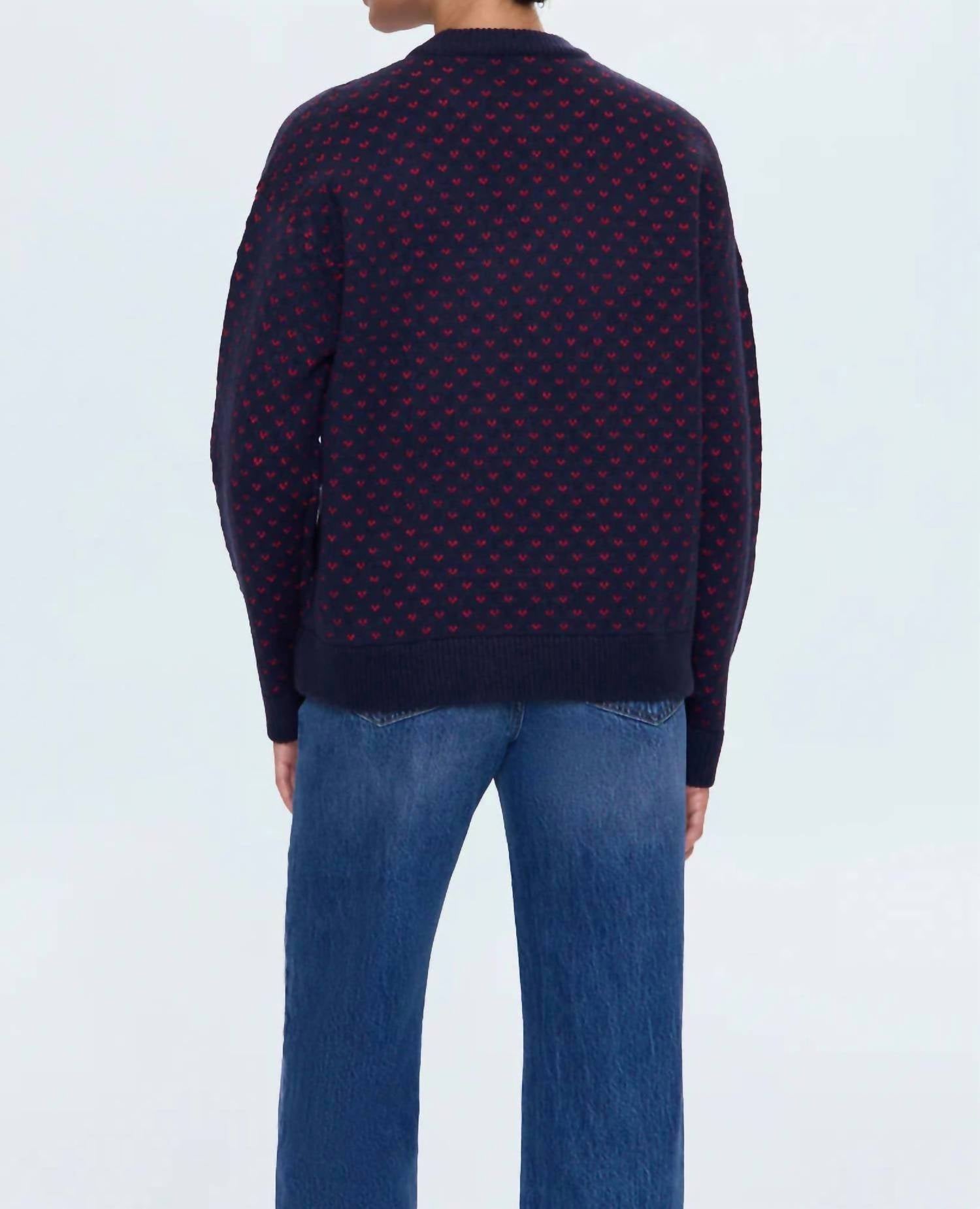 PISTOLA Hanna Crew Neck Oversized Sweater in navy red hearts - women's sweater - detail view