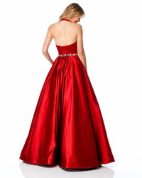 Sherri Hill Halter Beaded Waist Satin Formal Maxi Dress in red - women's dress - detail view