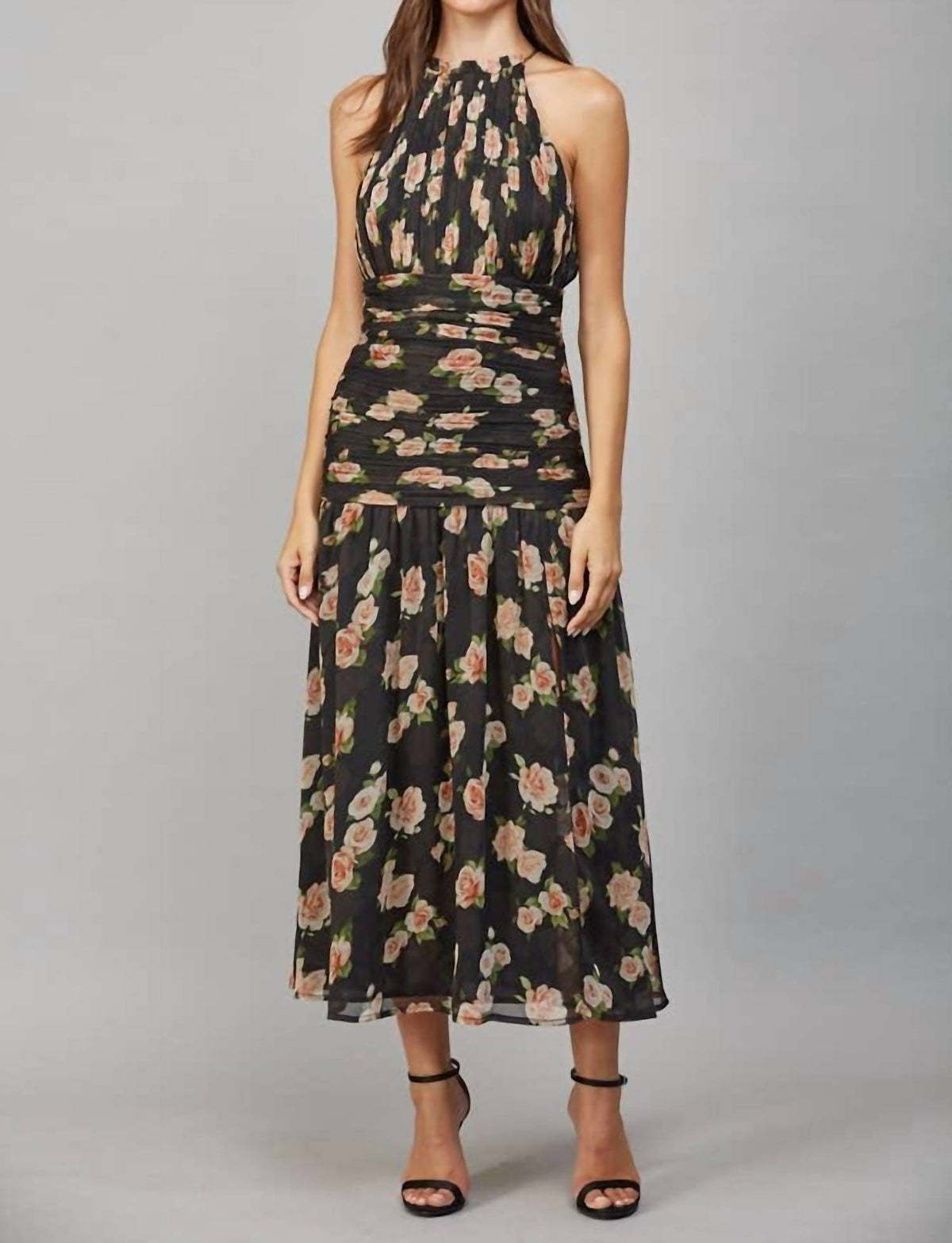 Fate - Women's Rose Print Ruched Detail Halter Dress