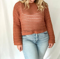LE LIS Horizon Openwork Crochet Sweater in rust - women's sweater - detail view