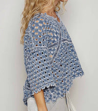 POL Distressed Open Knit Denim Top in light blue - women's t-shirt - alternate view