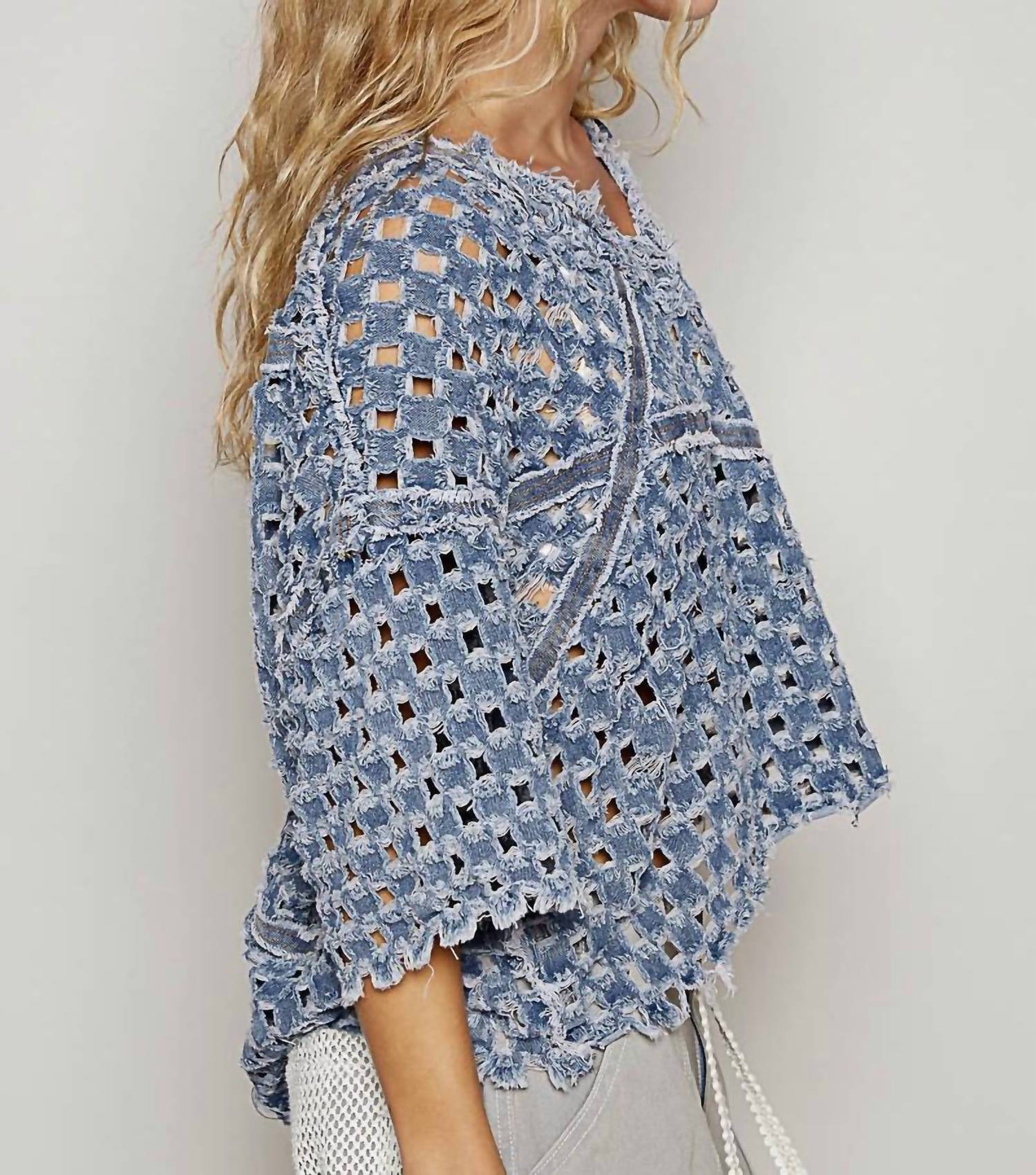 POL Distressed Open Knit Denim Top in light blue - women's t-shirt - alternate view