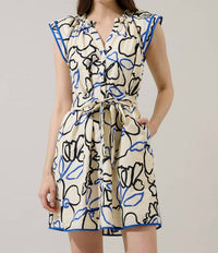 SUGARLIPS Tercy Floral Olera Ruffle Mini Dress in cream navy - women's dress - detail view