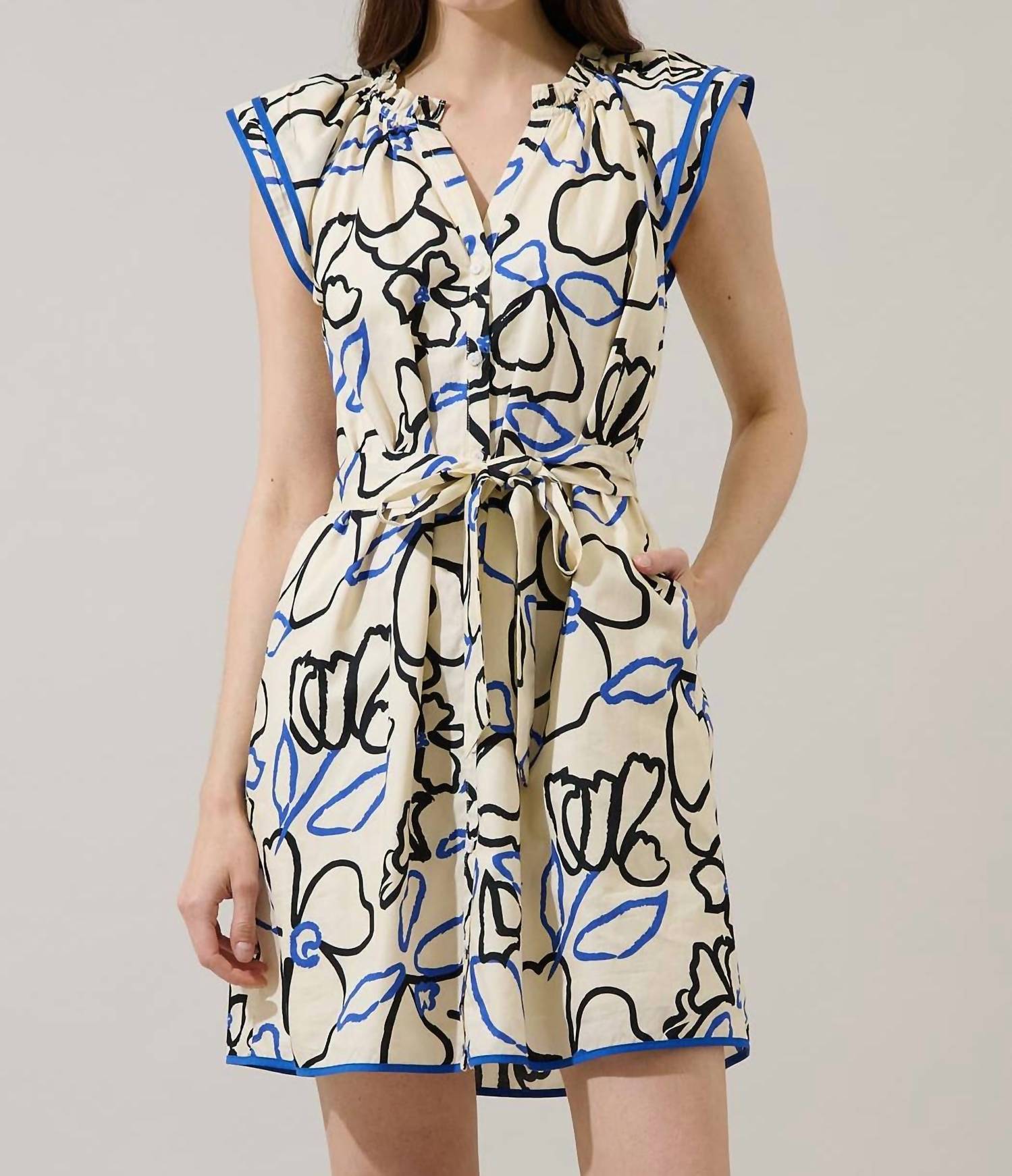 SUGARLIPS Tercy Floral Olera Ruffle Mini Dress in cream navy - women's dress - detail view