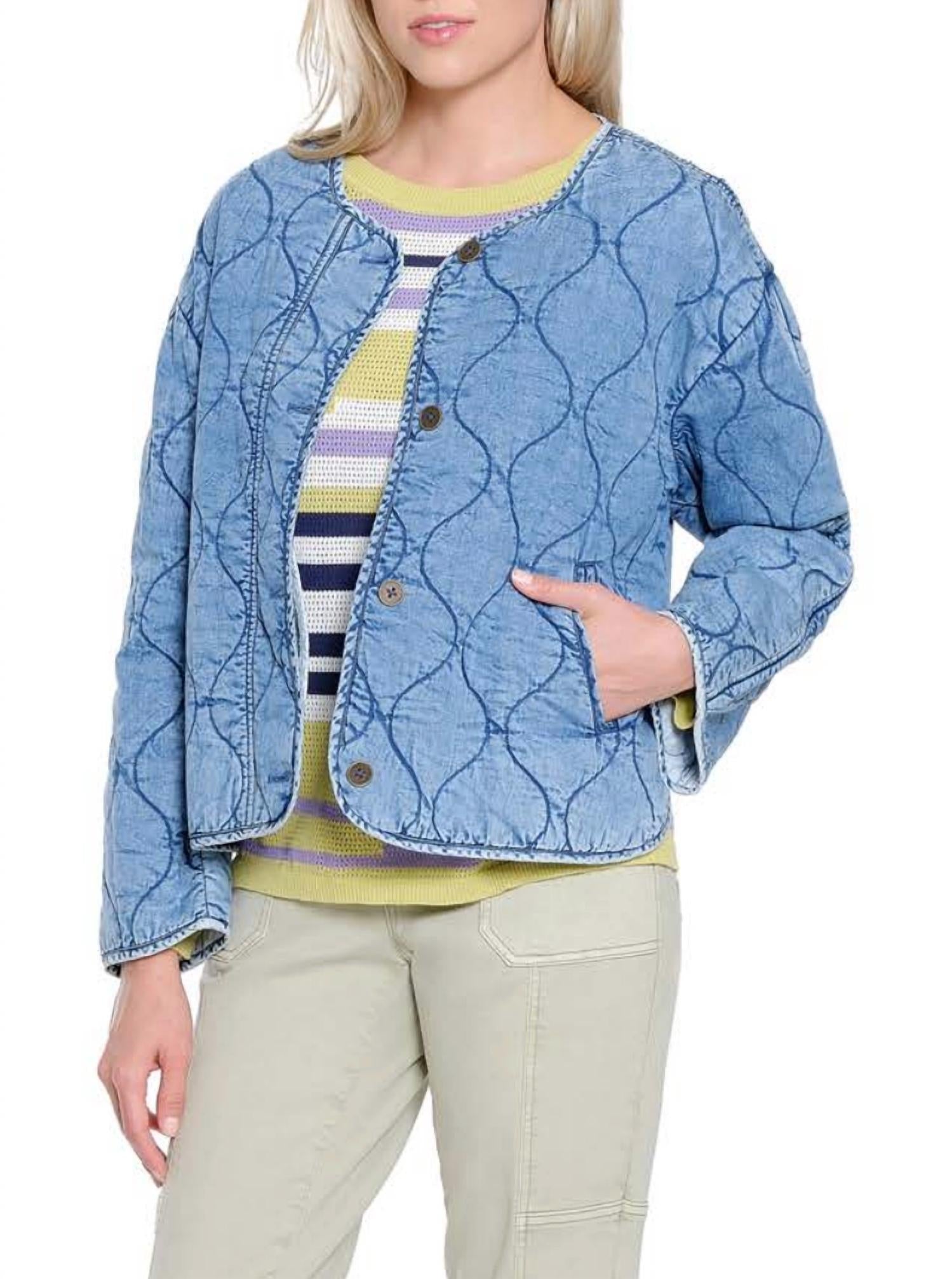 TRU LUXE Quilted Denim Jacket in medium indigo - women's jacket