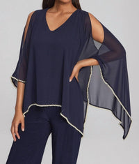 Joseph Ribkoff Chiffon And Silky Knit Poncho Top in navy - women's blouse - detail view