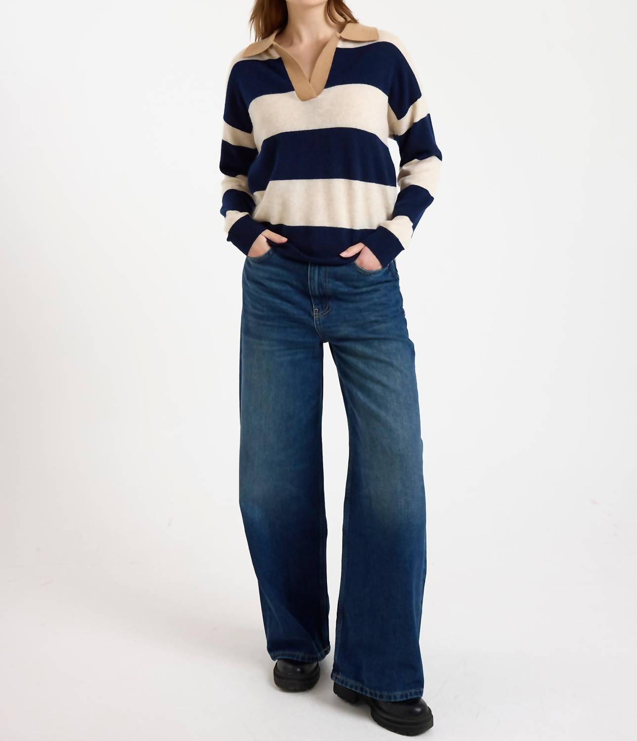 Brodie Cashmere Ruby Rugby Cashmere Polo in navy - women's sweater - detail view