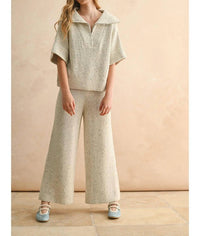 MIOU MUSE Half Zip Short Sleeve Knitted Top in beige - women's top - detail view