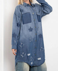 Blue Velvet Relaxed Fit Button Down Star Patch Shirt in denim - women's blouse - detail view