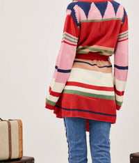 Davi & Dani - Fringe Trim Waist Tie Belt Striped Cardigan - Plus