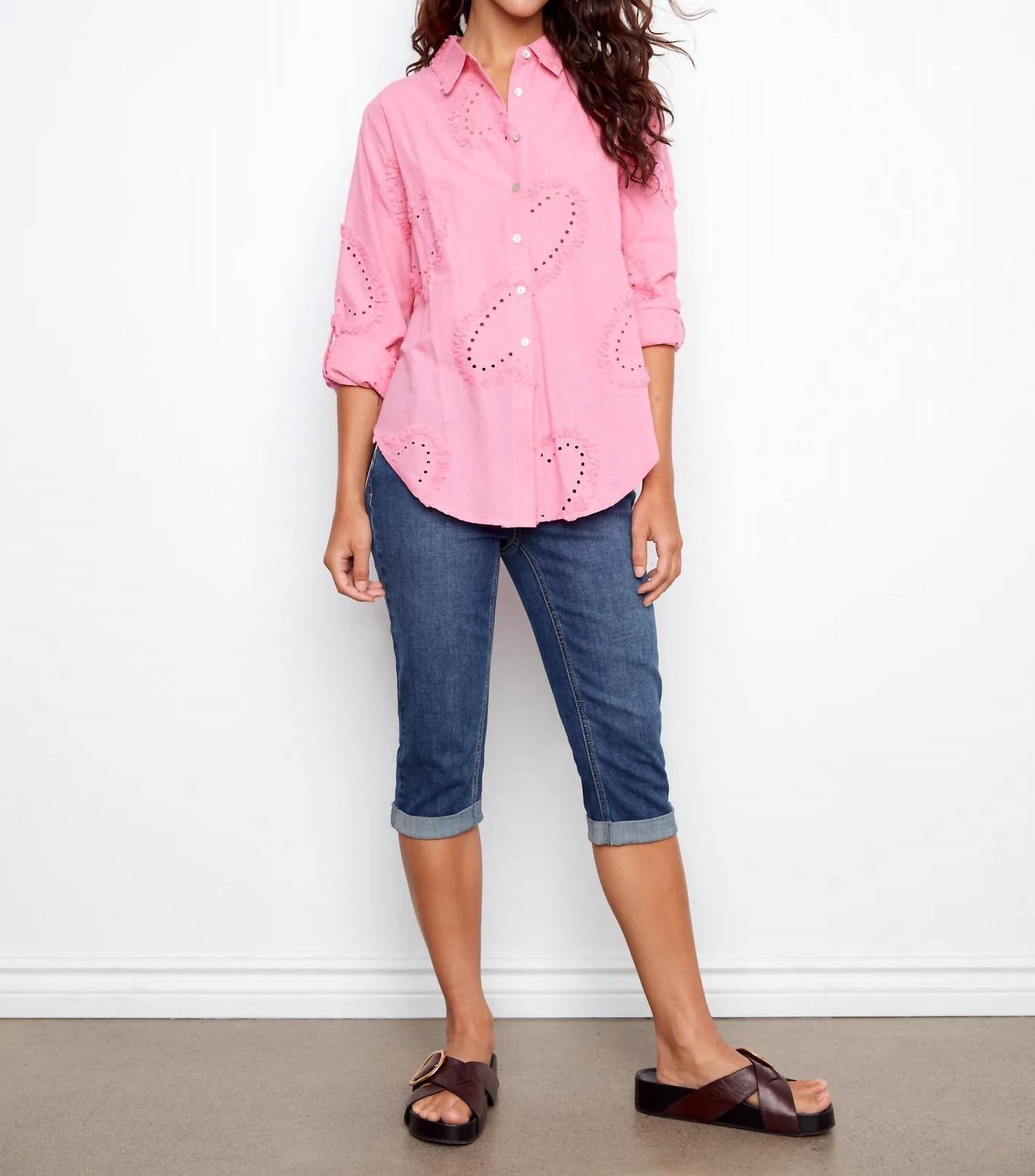 CHARLIE B Eyelet Blouse in bonbon pink - women's blouse - view 4