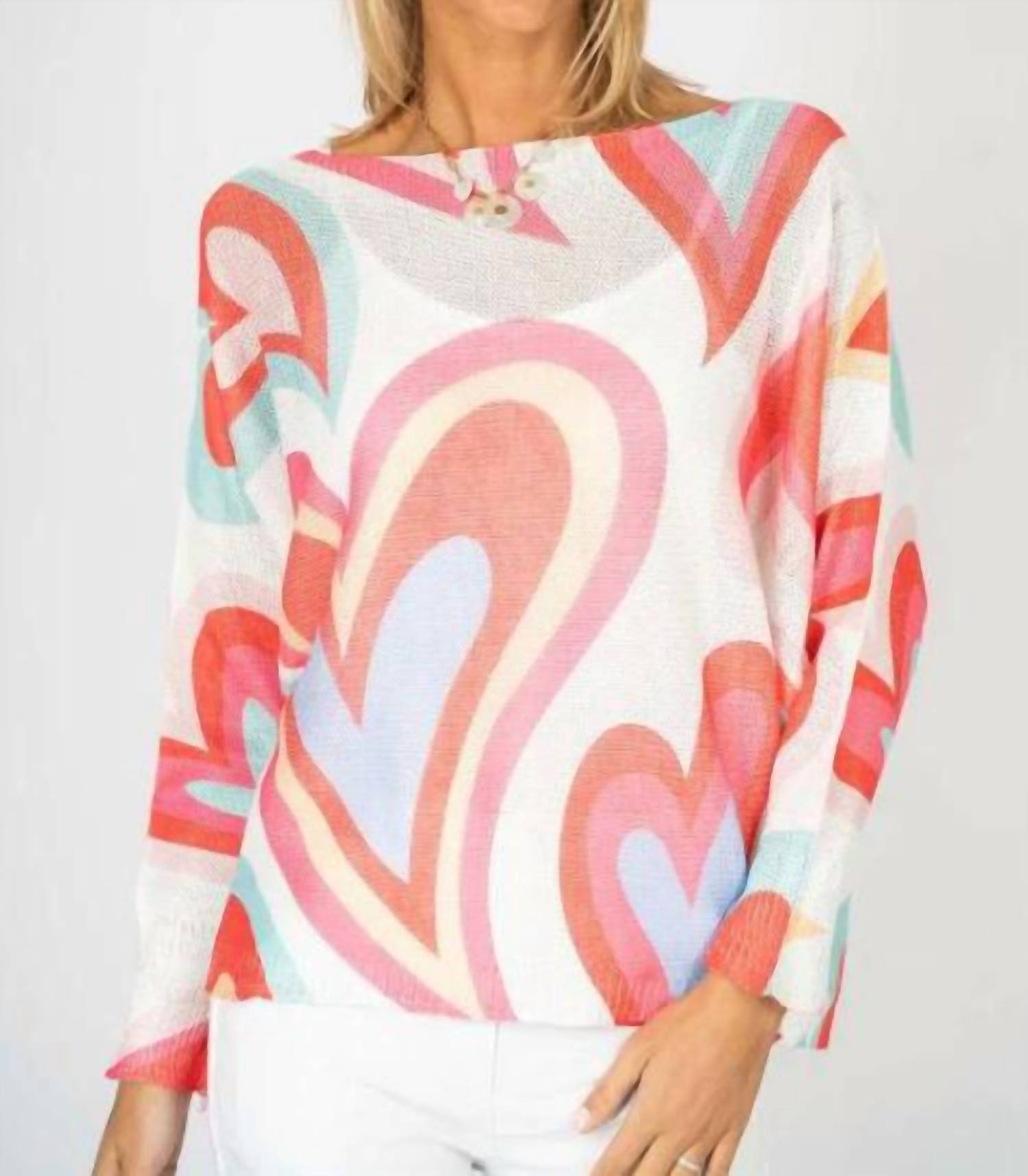 Look Mode Usa - Heart Print Open Weave Batwing Sweater