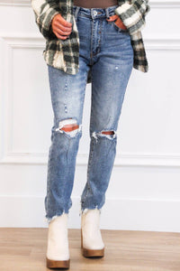 Special A - Distressed Mid Rise Straight Leg Denim Jeans