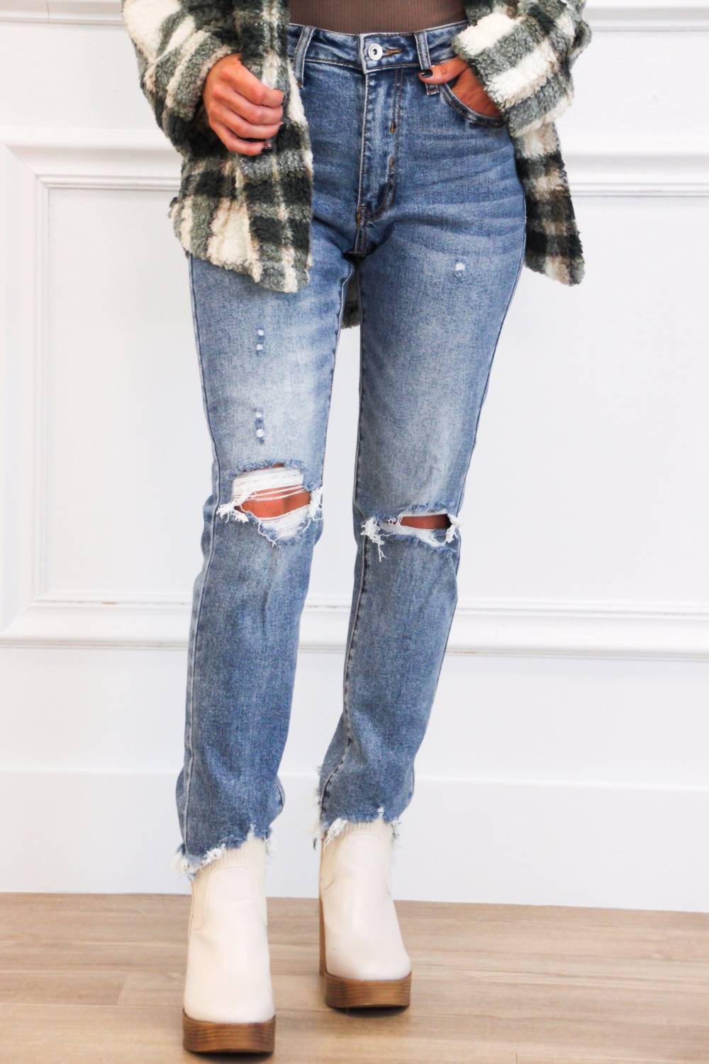 Special A - Distressed Mid Rise Straight Leg Denim Jeans
