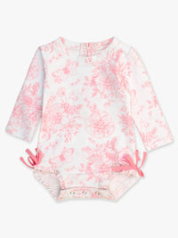 Rufflebutts - Butterfly Garden Toile Long Sleeve One Piece Ruffle Rash Guard Swimsuit
