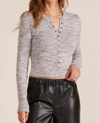 bobi Women's Long Sleeve Slim Placket Top in heather grey - women's long sleeve top