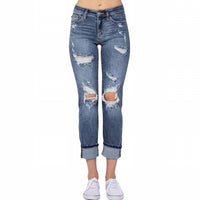 Judy Blue Mid Rise Cuffed Boyfriend Fit Jeans in medium blue - women's jeans
