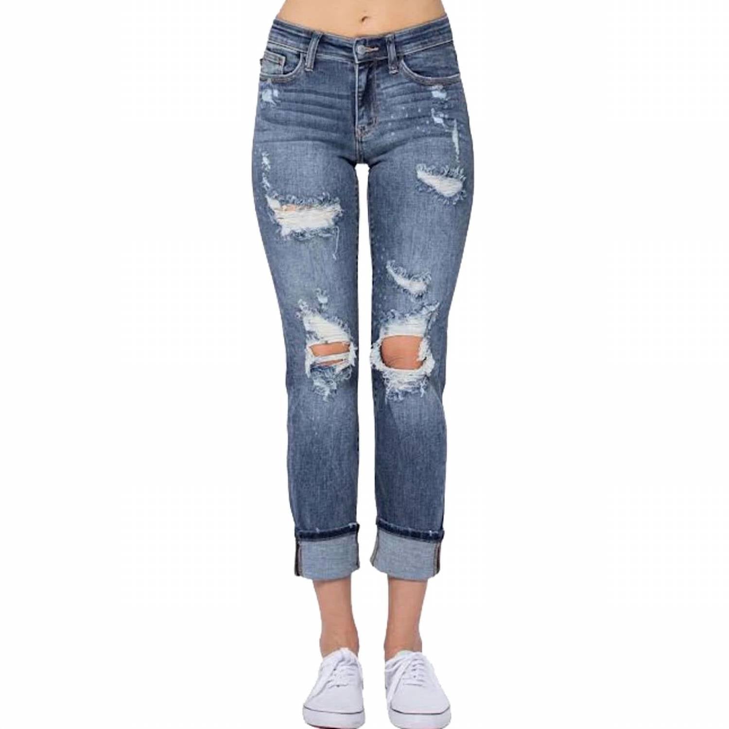 Judy Blue Mid Rise Cuffed Boyfriend Fit Jeans in medium blue - women's jeans