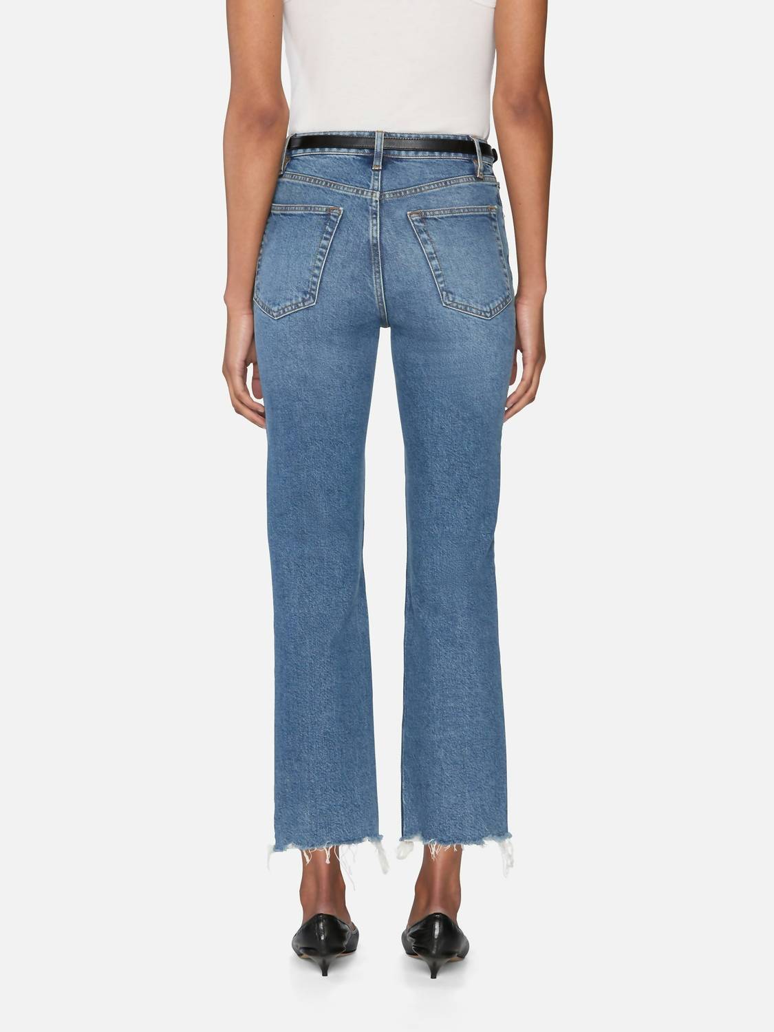 FRAME Ruler Cropped Jeans in stash destructed fray - women's jeans - detail view