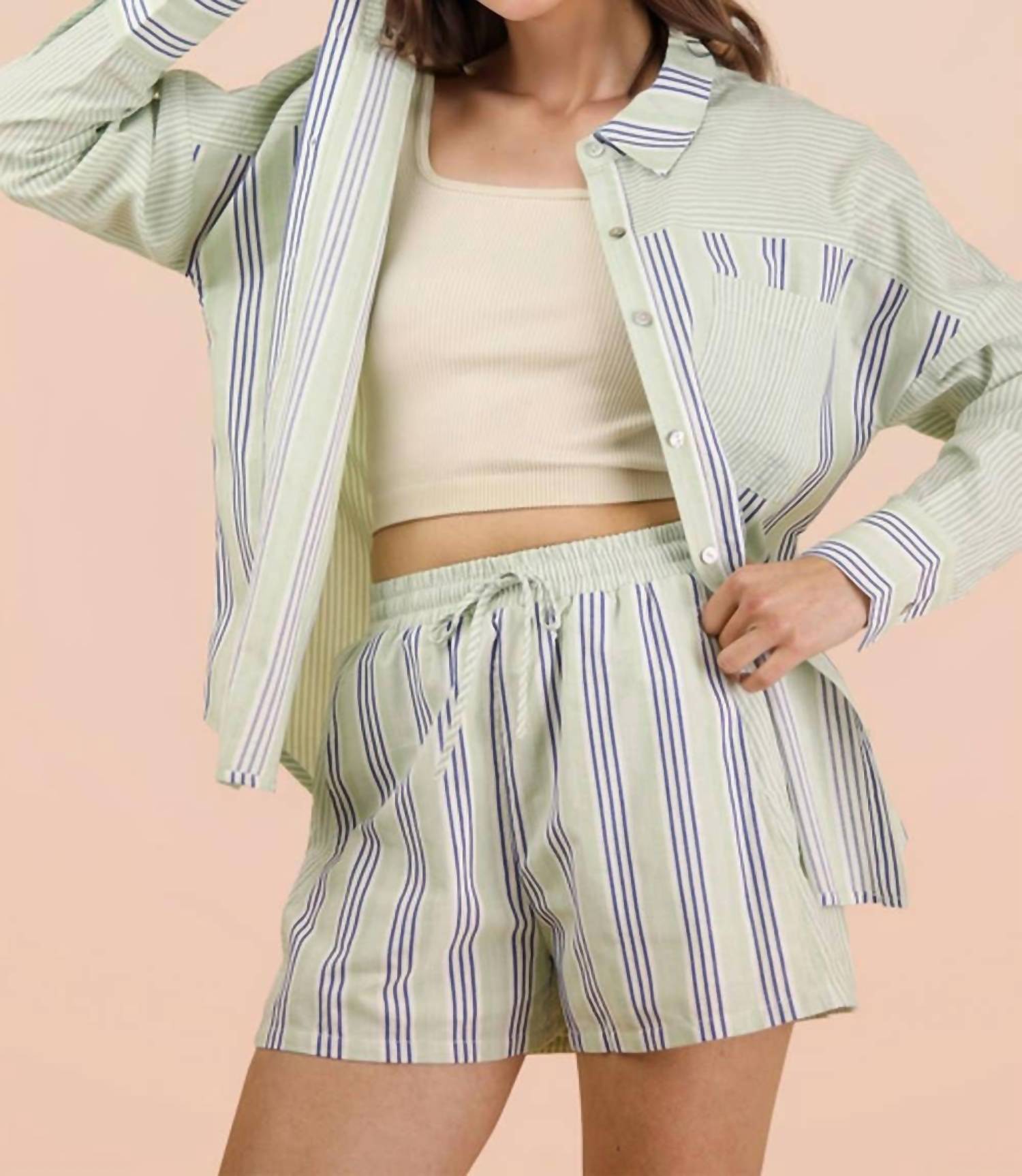 VERY J Stripe Woven Shirt And Shorts Set - Plus in blue sage - men's item - view 5