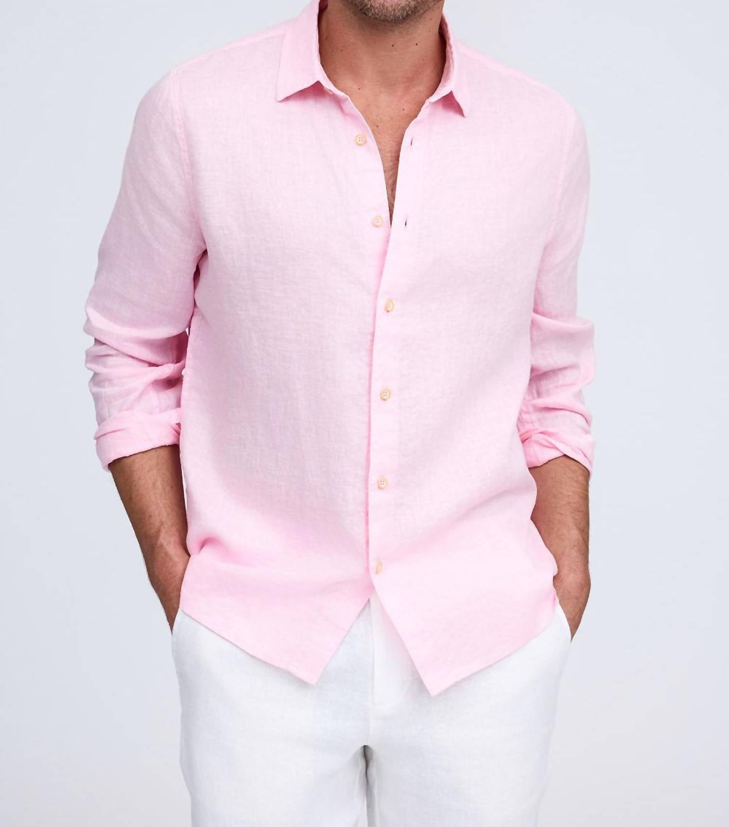 Raffi Pure Linen Long Sleeve Shirt in pink - men's shirt - view 4