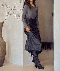Lalavon - Great Escape Waist Tie Faux Leather Midi Skirt