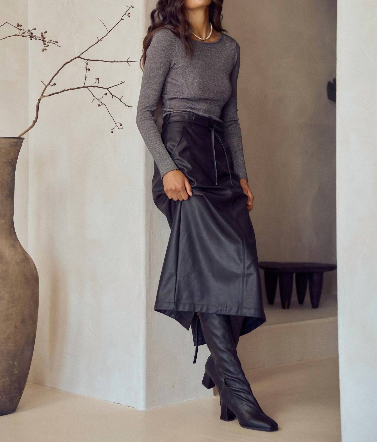 Lalavon - Great Escape Waist Tie Faux Leather Midi Skirt