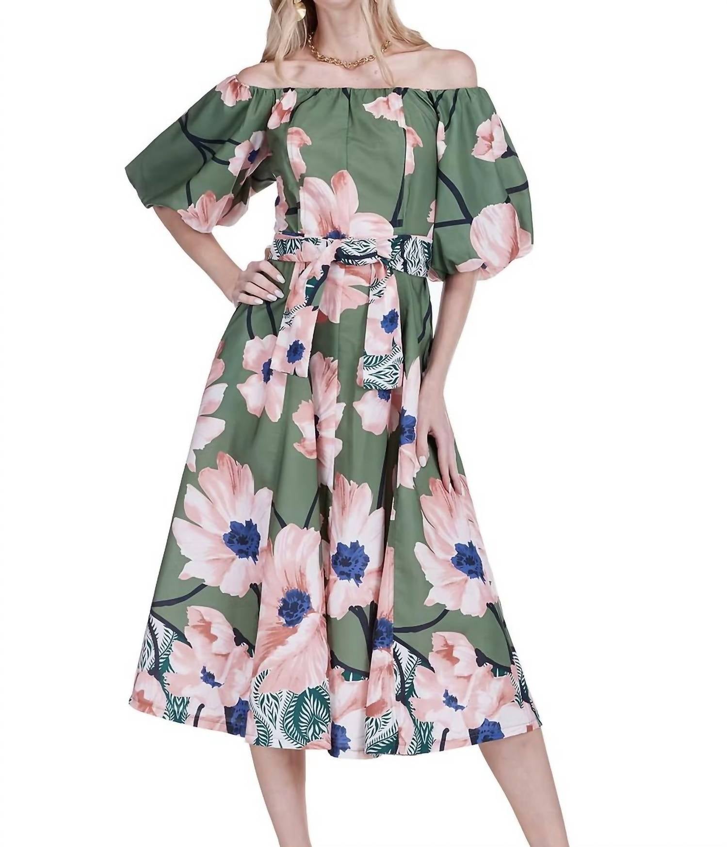 Jade Bloom Off-shoulder Flared Midi Dress in olive - women's dress
