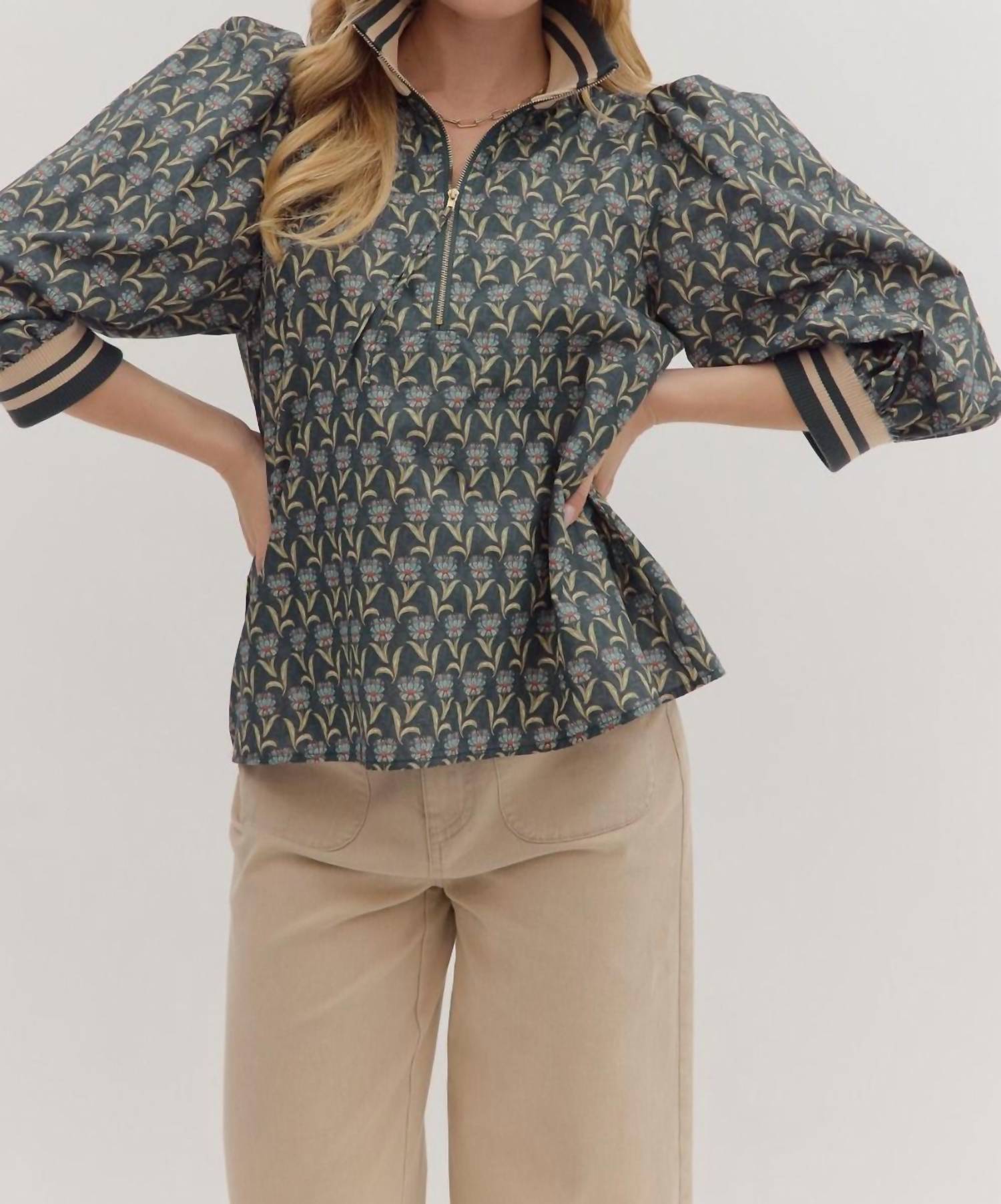 Entro - Puff Sleeve Ribbed Collar & Cuff Blouse